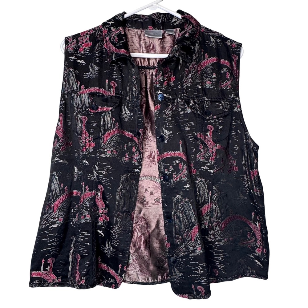 Chicos‎ Size 3 Silk Blend Scenic Jacquard Sleeveless Button Down Black Top Art